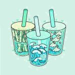  artist_name bamboo clouds commentary crescent_moon cup disposable_cup drink drinking_straw emily_kim english_commentary english_text food_focus green_background moon no_humans original simple_background sparkle sprout star_(symbol) tea waves 