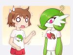  2girls ? absurdres ancesra arms_at_sides blank_eyes blush bob_cut border brown_hair character_print closed_mouth clothed_pokemon colored_skin comedic_sweatdrop commission commissioner_upload crossover dot_mouth flat_chest gardevoir gradient_background green_hair green_skin hair_ornament hair_over_one_eye hand_up hidamari_sketch highres light_blush looking_at_self looking_down meta miniskirt multicolored_skin multiple_girls nervous non-web_source notice_lines o_o one_eye_covered open_mouth orange_background outline outside_border pleated_skirt pokemon pokemon_(creature) red_skirt shirt short_hair short_sleeves sidelocks simple_background skirt standing torn_clothes torn_shirt transparent_border trembling two-tone_skin upper_body wavy_mouth white_eyes white_shirt white_skin x_hair_ornament yuno_(hidamari_sketch) 