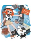  1girl black_bow black_bowtie black_neckerchief blue_eyes bow bowtie brown_shorts chanko_eee flag hat holding holding_flag inkling inkling_(language) inkling_girl inkling_player_character judd_(splatoon) li&#039;l_judd_(splatoon) neckerchief open_mouth pointy_ears redhead sailor_hat shirt shoes short_sleeves shorts sneakers splatoon_(series) splatoon_2 tentacle_hair white_shirt 