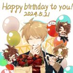  4boys =_= ahoge atou_haruki balloon black_jacket black_pants blonde_hair brown_hair brown_jacket brown_sweater cake cake_slice chibi chibi_inset chinese_commentary chinese_text closed_eyes commentary_request crying dated english_text food food_on_face fork fruit green_eyes happy_birthday harada_minoru highres holding holding_fork isoi_reiji jacket licking_lips long_sleeves male_focus multiple_boys open_clothes open_jacket open_mouth pants red_shirt ribbed_sweater saibou_shinkyoku scar scar_on_face scar_on_forehead shinano_eiji shirt short_hair strawberry strawberry_shortcake sweater tongue tongue_out turtleneck turtleneck_sweater white_shirt woshizhenglianchunaizhanshi 