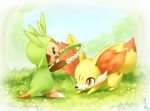  animal_ear_fluff black_eyes bright_pupils chespin claws fennekin flower grass holding holding_wreath multicolored_fur no_humans open_mouth pokemon pokemon_(creature) red_eyes red_fur ryuma210 signature standing white_fur white_pupils yellow_fur 