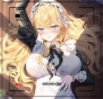  1girl alternate_costume apron arm_up azur_lane battery_indicator blonde_hair blue_eyes breasts enmaided glorious_(azur_lane) hand_on_own_stomach highres juliet_sleeves large_breasts long_hair long_sleeves looking_at_viewer lying maid maid_headdress on_back puffy_sleeves recording video_camera viewfinder wavy_hair white_apron yaomiaomiao 