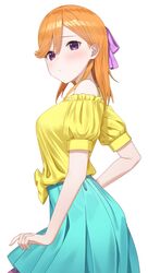  1girl absurdres aqua_skirt bare_shoulders blush bow breasts commentary_request enpik from_side furrowed_brow hair_between_eyes hair_bow highres looking_at_viewer love_live! love_live!_superstar!! medium_breasts medium_hair orange_hair pleated_skirt puffy_short_sleeves puffy_sleeves purple_bow shibuya_kanon shirt short_sleeves skirt solo upper_body violet_eyes white_background yellow_shirt 