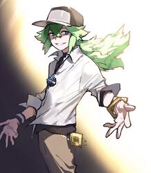  1boy akiyama_youkou armband baseball_cap black_armband black_shirt blue_eyes bracelet brown_pants collared_shirt cube green_hair grin hair_between_eyes hair_intakes hat highres jewelry layered_clothes long_hair looking_to_the_side low_ponytail male_focus n_(pokemon) necklace open_collar outstretched_arms pants pokemon pokemon_bw ponytail shirt sideways_glance simple_background smile solo teeth undershirt white_shirt 