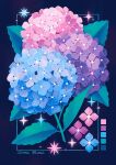  artist_name blue_background blue_flower color_guide dokirosi flower flower_focus highres hydrangea leaf no_humans original pink_flower plant purple_flower sparkle 