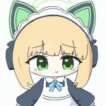  1girl animal_ear_headphones animal_ears animated animated_gif apron blinking blonde_hair blue_archive blue_ribbon blush chibi dress fake_animal_ears green_eyes green_halo halo headphones long_sleeves looking_at_viewer midori_(blue_archive) midori_(maid)_(blue_archive) no_nose pout puff_of_air raised_eyebrows ribbon solo umihio upper_body white_apron 