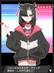  1girl absurdres asymmetrical_bangs black_hair black_jacket candy food hair_ribbon hand_in_pocket highres holding holding_candy holding_food holding_lollipop jacket jersey jewelry lollipop marnie_(pokemon) necklace pokemon pokemon_swsh ribbon shabana_may solo sportswear twintails 