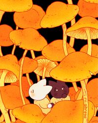  2others black_background black_fur cat collar collared_dress downscaled dress fungi furry holding_hands minimized multiple_others mushroom no_humans orange_theme original paid_reward_available resized rii_abrego white_collar white_fur worried yellow_dress yellow_eyes 