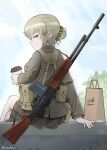  1girl absurdres adapted_uniform aqua_eyes bag blonde_hair bullet_hole camouflage_scrunchie clouds coffee crossed_legs cup gun gun_on_back gun_sling hair_bun highres holding holding_cup kilroy_was_here load_bearing_equipment looking_at_viewer looking_back m1918_bar machine_gun original paper_bag plaid plaid_skirt pouch savankov scrunchie short_hair signature sitting skirt sky smile soldier solo tree united_states_army_rangers weapon weapon_on_back 