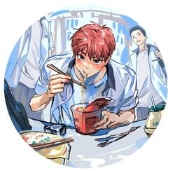  3boys black_eyes blush chopsticks eating highres holding holding_chopsticks jaemin107 leaning_forward looking_at_viewer male_focus multiple_boys open_clothes open_shirt original ramen redhead school_uniform shirt short_hair short_sleeves solo_focus upper_body white_shirt 