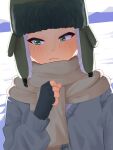  1boy amburrge blush commentary english_commentary fingerless_gloves freckles frown fur_hat gloves green_eyes hat highres kyle_broflovski long_sleeves looking_to_the_side male_focus scarf solo south_park sweater ushanka 