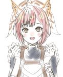  1girl ahoge animal_ears blush commentary fire_emblem fire_emblem_heroes fuussu_(21-kazin) hands_up looking_at_viewer maid_headdress pink_hair ratatoskr_(fire_emblem) round_teeth short_hair simple_background solo squirrel_ears squirrel_girl straight-on symbol-only_commentary teeth turtleneck upper_body upper_teeth_only white_background yellow_eyes 
