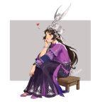  1girl absurdres aries_guaili beads black_hair bracelet brown_eyes changmingsuo chinese_clothes dress full_body grey_background head_rest heart highres hmong jewelry long_hair long_sleeves miao_clothes miao_hat original purple_dress purple_footwear sitting solo 