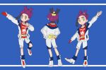  1boy :&lt; black_hair blue_background blue_socks clenched_hand closed_mouth commentary_request fanny_pack gloves jacket kieran_(pokemon) long_sleeves male_focus mole mole_on_neck multicolored_hair multiple_views open_clothes open_jacket partially_fingerless_gloves pokemon pokemon_sv purple_hair red_gloves red_shirt riko_(m_momomo28) shirt shoes shorts single_glove sleeveless sleeveless_shirt socks tank_top two-tone_hair white_footwear white_jacket white_shorts yellow_bag yellow_eyes zipper_pull_tab 