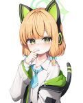  1girl animal_ear_headphones animal_ears blonde_hair blue_archive blue_bow blue_necktie bow cat_ear_headphones commentary_request fake_animal_ears fake_tail green_eyes green_halo hair_bow halo headphones highres jacket long_sleeves looking_at_viewer midori_(blue_archive) nanochie necktie shirt short_hair tail teeth upper_teeth_only white_jacket white_shirt 