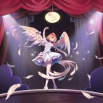  1girl absurdres ailu_elf arm_up bird bird_girl bird_tail brown_hair chick dancing dress feathered_wings feathers full_moon gloves highres moon niwatari_kutaka red_eyes redhead short_hair solo stage stage_curtains strapless strapless_dress tail theater touhou white_dress white_gloves wings 