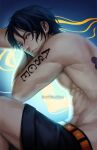  1boy abs artist_name back_tattoo black_hair commentary english_commentary freckles looking_at_viewer male_focus one_piece portgas_d._ace realistic short_hair solo tattoo teeth topless_male web_address zhyphenth 