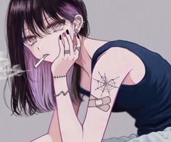  1girl bandaid bandaid_on_arm black_hair black_nails cigarette dachi_(mayday) ear_piercing grey_background grey_eyes hand_up jewelry mouth_hold original piercing pink_hair pink_nails ring shirt simple_background sitting sleeveless sleeveless_shirt smoking spider_web_tattoo tobacco 