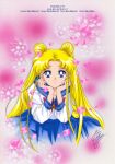  1girl artist_name bishoujo_senshi_sailor_moon bishoujo_senshi_sailor_moon_s blonde_hair blue_eyes blue_skirt bow brooch closed_mouth cosmic_heart_compact derivative_work double_bun hair_bun itou_ikuko_(style) jewelry juuban_middle_school_uniform long_hair looking_at_viewer marco_albiero meme official_style parted_bangs petals pink_background red_bow school_uniform shirt signature skirt smile solo straight-on tsukino_usagi twintails usagi_pink_challenge_(meme) white_shirt 