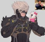  1boy absurdres cyborg don_lee grey_eyes hello_kitty highres holding holding_phone meme metal_gear_(series) metal_gear_rising:_revengeance one_eye_covered parody phone photo-referenced raiden_(metal_gear) sanrio simple_background solo sparkle spikes white_background white_hair yoracrab 