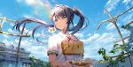  1girl absurdres animal_on_shoulder black_hair blue_sky brown_eyes building cat cat_on_shoulder chair clouds collared_shirt daijin_(suzume) day floating_hair hair_ornament hands_up highres holding_chair iwato_suzume kelezi long_hair looking_to_the_side neck_ribbon outdoors parted_lips plant ponytail red_ribbon ribbon school_uniform shirt short_sleeves single_sidelock sky solo suzume&#039;s_chair suzume_no_tojimari turning_head upper_body water_drop white_shirt x_hair_ornament 