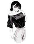  1girl bad_id bad_pixiv_id black_hair black_shirt breasts collarbone dende_(dndn222) earrings greyscale hand_on_own_cheek hand_on_own_face highres hoop_earrings jewelry large_breasts looking_at_viewer monochrome original pants scan scan_artifacts shirt shirt_tucked_in short_hair solo standing swept_bangs traditional_media 