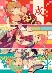  3boys 4_(nakajima4423) bishounen chinese_clothes collage colorful ensemble_stars! itsuki_shu male_focus multicolored_background multiple_boys shinkai_kanata sideways takamine_midori upside-down 