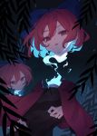  1girl black_shirt blue_bow bow breasts cape closed_mouth collared_shirt disembodied_head garasuno hair_bow highres long_sleeves looking_at_viewer open_mouth red_cape red_eyes redhead sekibanki sekibanki_day shirt short_hair small_breasts solo touhou upper_body 