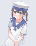  1girl black_hair blue_sailor_collar cowboy_shot dress grey_background hat kantai_collection one-hour_drawing_challenge sailor_collar sailor_dress sailor_hat short_hair short_sleeves shounan_(kancolle) simple_background solo suppaman_(rfjy) twintails violet_eyes white_dress 