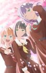  3girls :d ;) absurdres aqua_eyes aqua_neckerchief arm_up black_hair blunt_bangs blunt_ends blurry blurry_background breasts brown_dress cerise_bouquet cherry_blossoms closed_mouth commentary_request crossed_bangs dappled_sunlight dress falling_petals green_eyes hasu_no_sora_school_uniform highres hinoshita_kaho light_blush light_particles link!_like!_love_live! long_hair long_sleeves looking_at_viewer love_live! medium_breasts medium_hair momose_ginko morio_(mmorio_mu) multiple_girls neckerchief one_eye_closed open_mouth orange_hair otomune_kozue petals pink_petals pleated_dress purple_hair red_neckerchief sailor_collar sailor_dress school_uniform short_hair side_ponytail sidelocks smile split_mouth sunlight teeth two_side_up upper_teeth_only v-shaped_eyebrows virtual_youtuber white_sailor_collar winter_uniform yellow_neckerchief 