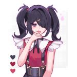  1girl ame-chan_(needy_girl_overdose) black_eyes black_hair black_ribbon blush collared_shirt commentary frown hair_ornament hair_over_one_eye hand_to_own_mouth hand_up heart long_hair looking_at_viewer nail_polish neck_ribbon needy_girl_overdose open_mouth red_nails red_shirt ribbon risachang shirt skirt solo suspender_skirt suspenders symbol-only_commentary tearing_up tears twintails upper_body water_drop x_hair_ornament 