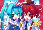  2girls black_choker black_eyes black_necktie blue_hair bow bright_pupils choker collared_shirt commentary diagonal-striped_bow double_breast_sucking drill_hair gloves hair_between_eyes hair_intakes hand_up hat hatsune_miku highres holding_hands kasane_teto long_hair mesmerizer_(vocaloid) multiple_girls necktie open_mouth red_eyes red_hat redhead sharp_teeth shirt short_sleeves smile striped_clothes striped_shirt su_dong_huo_ji suspenders sweat symbol-only_commentary teeth twin_drills twintails utau vertical-striped_clothes vertical-striped_shirt visor_cap vocaloid white_pupils white_shirt white_wrist_cuffs wrist_cuffs yellow_gloves 