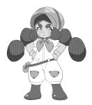  blush_stickers bonnet boots dede_(qwea_00000) full_body gloves greyscale hands_on_own_hips hapu_(pokemon) korean_commentary looking_at_viewer monochrome pokemon pokemon_sm simple_background solo standing thick_eyebrows twintails 