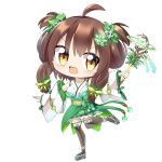  1girl ahoge bow breasts brown_hair brown_thighhighs character_request chibi clover_hair_ornament commentary_request cube detached_sleeves four-leaf_clover_hair_ornament full_body green_skirt grey_footwear hair_bow hair_ornament hair_rings hair_scrunchie holding holding_wand hop_step_jumpers large_breasts leaf_hair_ornament lets0020 looking_at_viewer medium_bangs medium_hair nontraditional_miko okobo open_mouth sandals scrunchie shirt sidelocks simple_background skirt sleeveless sleeveless_shirt smile solo thigh-highs transparent_background v-shaped_eyebrows wand white_shirt white_sleeves yellow_bow 