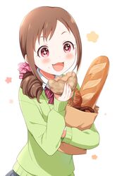  +_+ 1girl :3 absurdres bag blush bow bowtie bread breasts brown_hair buchi_(y0u0ri_) cardigan dot_nose drill_hair eating fang food food_on_face green_cardigan hair_ornament hair_scrunchie highres holding holding_food idolmaster idolmaster_cinderella_girls idolmaster_cinderella_girls_starlight_stage long_hair long_sleeves looking_at_viewer ohara_michiru open_mouth paper_bag pink_eyes pink_scrunchie red_bow red_bowtie scrunchie shirt simple_background small_breasts smile solo striped_bow striped_bowtie striped_clothes upper_body white_background white_shirt 