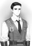  1boy absurdres artist_name commentary english_commentary expressionless gauntlets greyscale hair_slicked_back highres id_card limbus_company male_focus meursault_(project_moon) monochrome necktie pouch project_moon sasoura solo underwear vest 