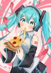  +_+ 1girl absurdres ahoge aqua_eyes aqua_hair aqua_nails aqua_necktie black_sleeves blush cheese cheese_trail detached_sleeves eating emphasis_lines eyebrows_hidden_by_hair food grey_shirt hatsune_miku headphones heart heart_ahoge highres holding holding_food holding_pizza long_hair meruko-san necktie number_tattoo pepperoni pink_background pizza pizza_slice shirt solo swirl tattoo twintails very_long_hair vocaloid 