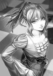  1girl braid braided_ponytail checkered_floor cowboy_shot dress fata_morgana_no_yakata frown greyscale hands_on_own_hips highres long_sleeves looking_at_viewer medium_hair monochrome moyatarou multiple_braids nellie_rhodes non-web_source novel_illustration official_art solo wide_sleeves 