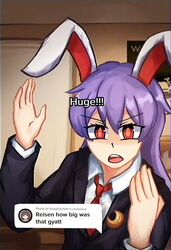  1girl animal_ears black_jacket blazer collared_shirt commentary crescent crescent_pin english_commentary english_text hands_up highres indoors jacket lad_der long_hair long_sleeves looking_at_viewer necktie open_mouth purple_hair rabbit_ears rabbit_girl red_eyes red_necktie reisen_udongein_inaba shirt solo tiktok touhou upper_body white_shirt 