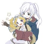  2girls :d black_coat blonde_hair book brown_gloves closed_mouth coat commentary_request dress fingerless_gloves fire_emblem fire_emblem_awakening gloves highres holding holding_book lissa_(fire_emblem) looking_at_another multiple_girls open_book open_mouth robin_(female)_(fire_emblem) robin_(fire_emblem) smile star_(symbol) tetora_mm twintails white_background white_hair 