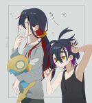  1boy black_hair brother_and_sister brushing_teeth carmine_(pokemon) closed_eyes crossed_bangs dunsparce grey_background hair_between_eyes hand_on_own_head highres holding kieran_(pokemon) kokiya long_hair long_sleeves messy_hair mole mole_on_neck mole_under_eye multicolored_hair open_mouth orange_eyes pokemon pokemon_sv purple_hair redhead siblings simple_background stuffed_toy tank_top toothbrush twitter_username waking_up yawning 