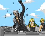  3boys :o arm_up armor belt black_coat black_gloves black_overalls black_vest blonde_hair blue_sky bracer chest_strap closed_eyes cloud_strife clouds cloudy_sky coat commentary dancing dj facing_to_the_side final_fantasy final_fantasy_vii final_fantasy_vii_advent_children final_fantasy_x gloves green_gloves grey_hair hands_up happy long_bangs long_coat long_hair long_sleeves lowres male_focus multiple_boys music musical_note open_mouth overalls parted_bangs pauldrons popochan-f record sephiroth short_hair shoulder_armor shoulder_strap sky smile spiky_hair tidus turntable upper_body very_long_hair vest yellow_vest 