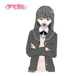  1girl amagami ayatsuji_tsukasa black_eyes black_hair black_ribbon brown_sweater collared_shirt copyright_name cropped_torso crossed_arms glaring jacket jibakurei_(elite_unchi) long_hair long_sleeves looking_at_viewer mouth_hold neck_ribbon open_clothes open_jacket pacifier ribbon shirt simple_background solo sweater upper_body v-shaped_eyebrows white_background white_shirt 