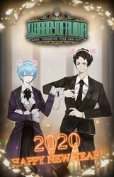  1boy 1girl 2020 angela_(project_moon) animal animal_ears ascot black_eyes black_hair black_jacket black_necktie black_pants black_skirt black_suit black_vest blue_coat blue_hair business_suit closed_mouth coat english_text giving happy_new_year highres holding holding_animal jacket library_of_ruina long_sleeves mouse_(animal) mouse_ears necktie official_art open_mouth pants project_moon roland_(project_moon) shirt short_hair skirt standing suit sweatdrop v-shaped_eyebrows vest white_shirt yellow_eyes 