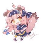  1girl :3 ahoge animal_ears arknights black_coat blue_hairband blush braid cat_ears cat_girl cat_tail chibi coat commentary english_commentary fangs full_body goldenglow_(arknights) hairband highres infection_monitor_(arknights) lightning_bolt_print long_hair looking_at_viewer looking_back mochizuki_inochi multicolored_coat open_mouth pink_coat pink_footwear pink_hair shoes signature simple_background sneakers solo surprised tail thigh-highs two-tone_coat white_thighhighs yellow_background yellow_eyes 