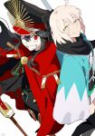  2girls ;d ahoge back-to-back black_coat black_hair black_hat black_scarf black_thighhighs blonde_hair cape closed_mouth coat commentary_request fate_(series) grin haori hat highres japanese_clothes koha-ace long_hair looking_at_viewer multiple_girls oda_nobunaga_(fate) oda_nobunaga_(koha-ace) oda_uri okita_souji_(fate) okita_souji_(koha-ace) one_eye_closed peaked_cap pirohi_(pirohi214) red_cape red_eyes scarf short_hair simple_background smile sword thigh-highs weapon white_background yellow_eyes 