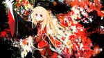  1girl abstract_background album_cover black_dress blonde_hair chinese_clothes cover dress expressionless hair_between_eyes hand_up hat highres junko_(touhou) long_hair long_sleeves looking_at_viewer phoenix_crown red_eyes red_tabard ruuya_higashino solo swept_bangs tabard takamachi_walk touhou very_long_hair wide_sleeves 
