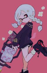  .96_gal_(splatoon) 1girl black_footwear black_shorts black_sweater braid commentary flower hair_flower hair_ornament imaikuy0 inkling inkling_girl inkling_player_character leg_up long_hair long_sleeves pink_background pointy_ears red_eyes shoes shorts socks solo splatoon_(series) standing standing_on_one_leg sweater symbol-only_commentary tentacle_hair twin_braids white_flower white_hair white_socks 