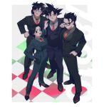  1girl 3boys black_suit chi-chi_(dragon_ball) cuuupo dragon_ball family father_and_son glasses hands_in_pockets husband_and_wife looking_at_viewer mother_and_son multiple_boys necktie red_necktie siblings son_gohan son_goku son_goten spiky_hair standing suit 