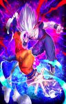  2boys absurdres blue_background blue_footwear blue_shirt boots commentary_request dougi dragon_ball dragon_ball_super dragon_ball_super_super_hero electricity father_and_son finger_on_forehead full_body gohan_beast highres long_hair makankousappou male_focus medium_hair multiple_boys muscular muscular_male orange_pants pants powering_up purple_background purple_pants purple_shirt shirt son_gohan son_goku spiky_hair topless torn_clothes torn_shirt ultra_instinct upside-down violet_eyes white_eyes white_hair yuuri_(fukuroudou) 
